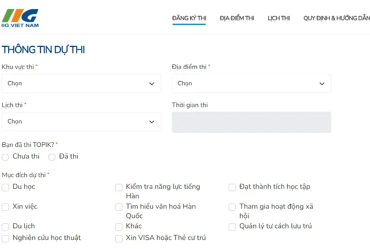 Nhập các thông tin dự thi Nhập các thông tin dự thi