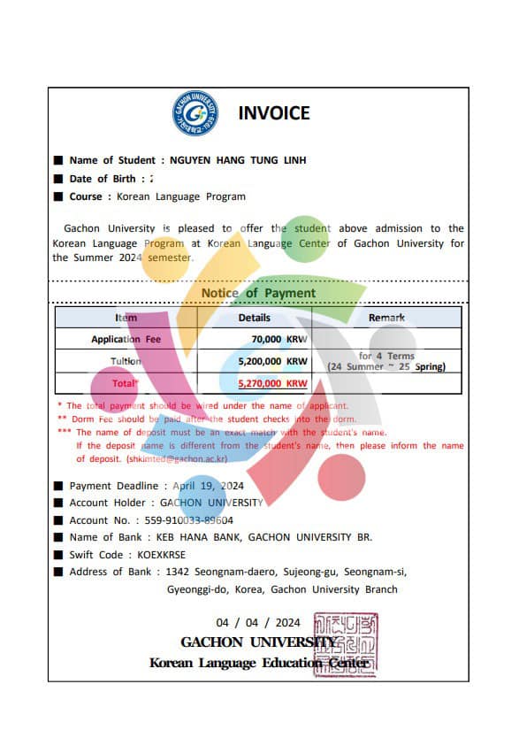 Invoice trường Đại học Gachon - YK Education