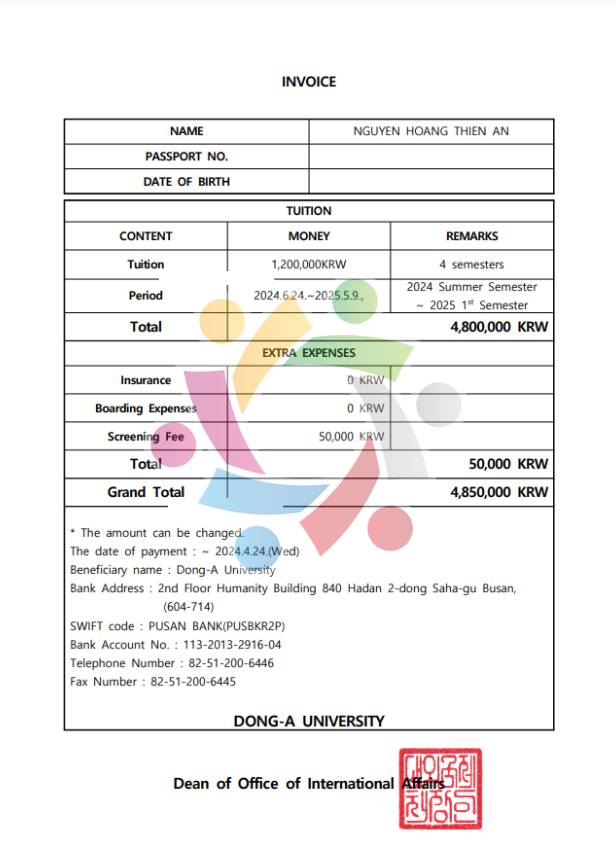 Invoice trường Đại học Donga - YK Education